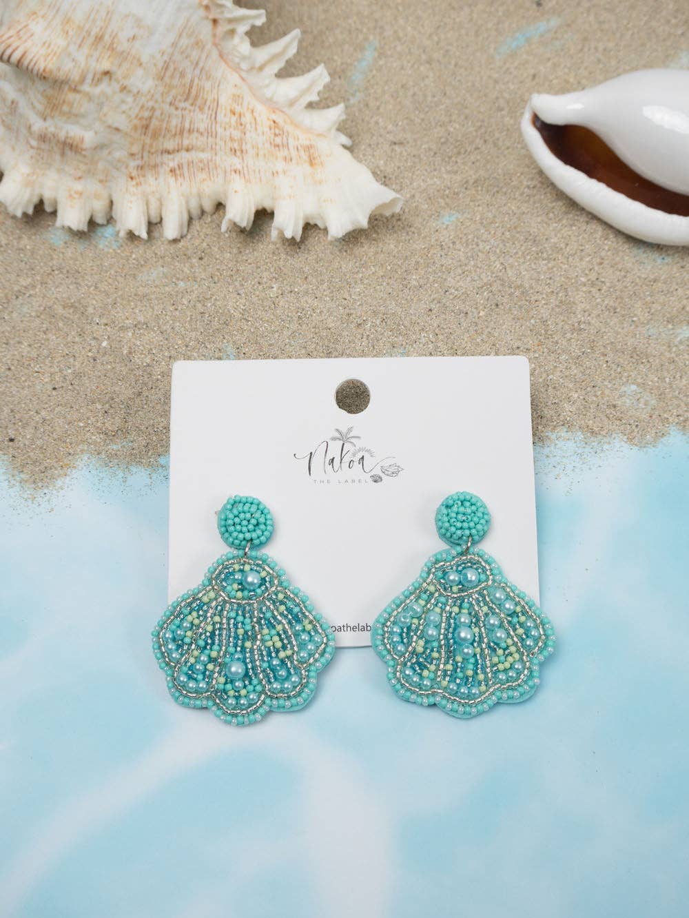 Sea Shell Beaded Earrings - Light Blue