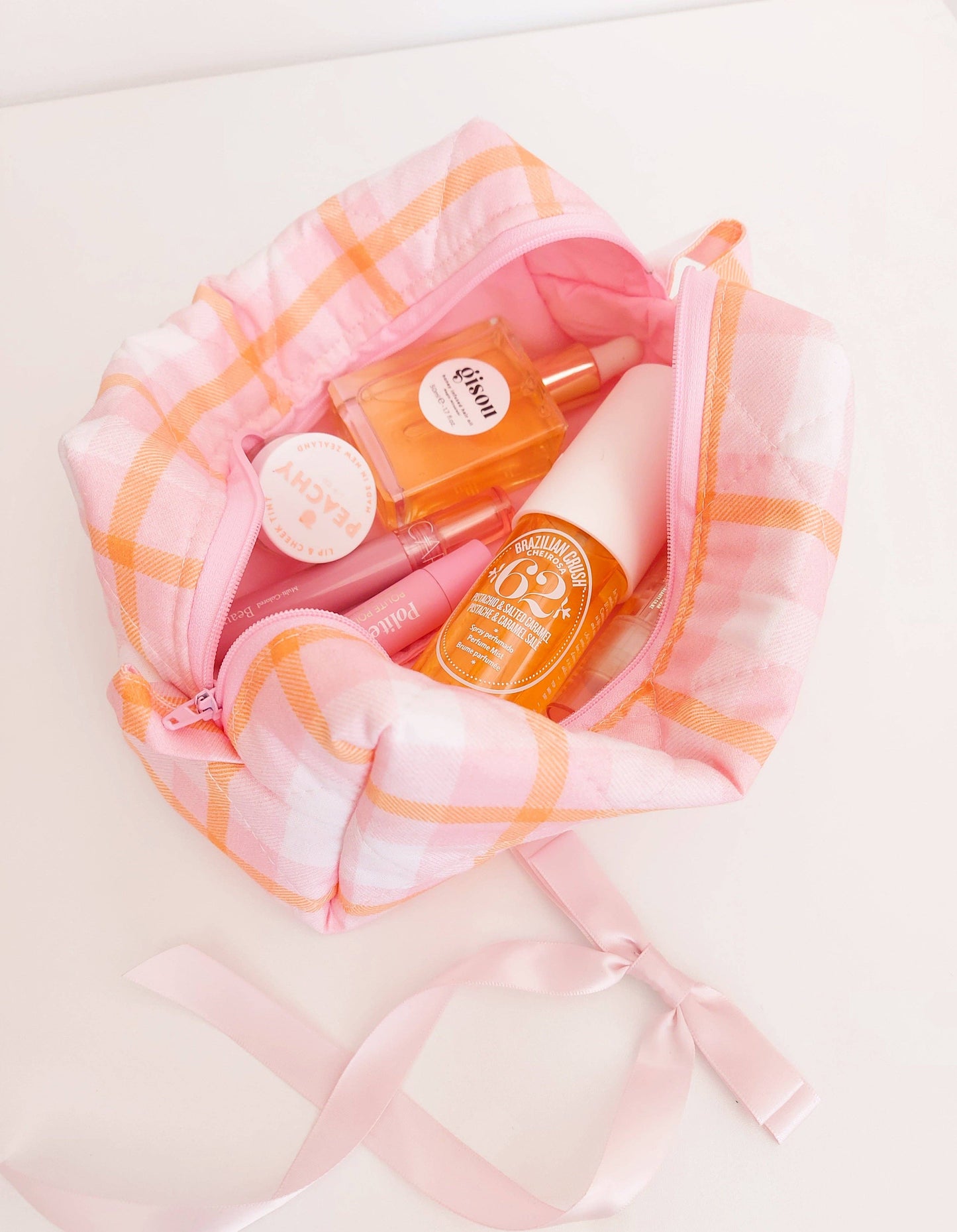 Quilted Makeup Bag- Pink/Orange Plaid