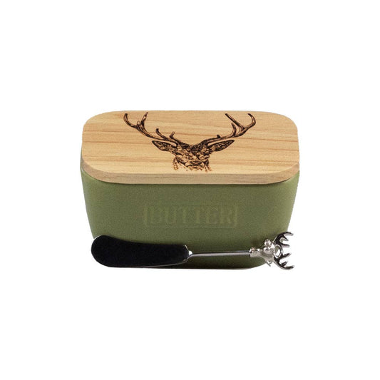 Stag Green Butter Dish & Knife Set