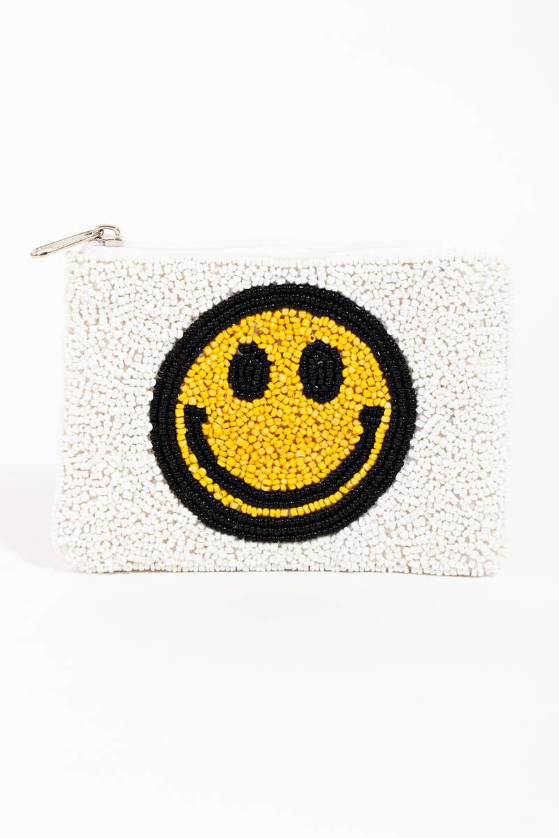 White Seed Beaded Smiley Face Coin Purse