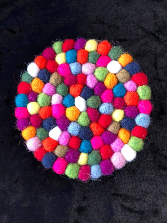 Set of 4 Felt Pom Pom Round Multicolour Coasters Handmade 10 cm