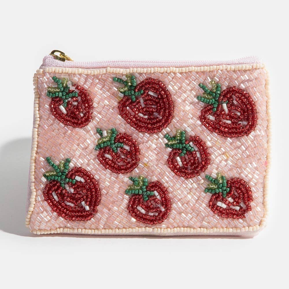 Strawberry Themed Seed Beaded Coin Purse