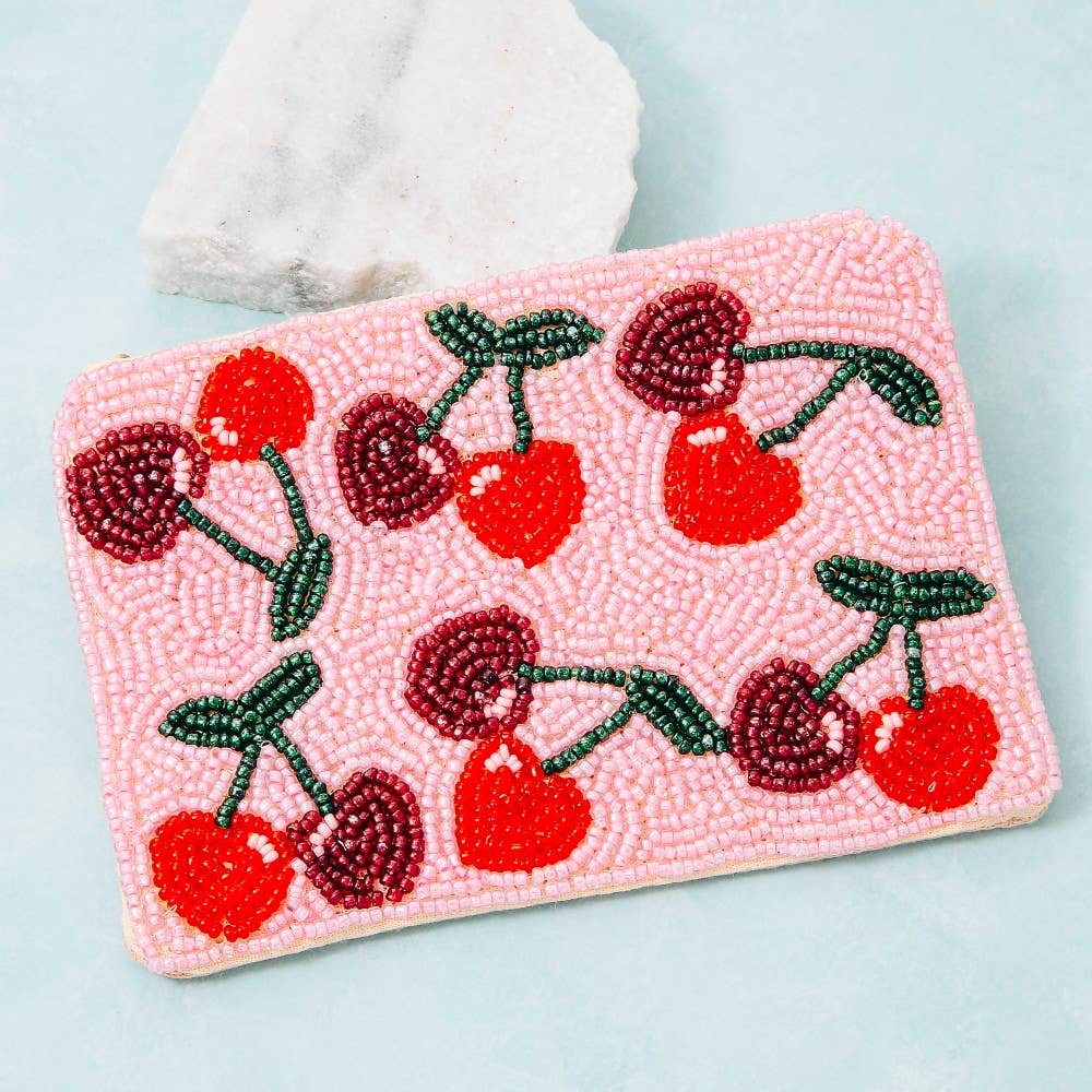 Two Tone Cherries Seed Beaded Coin Purse
