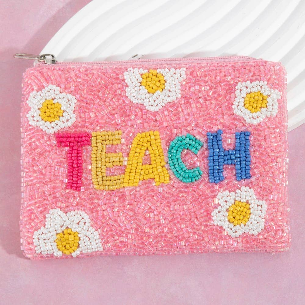 Floral Teach Seed Beaded Coin Purse