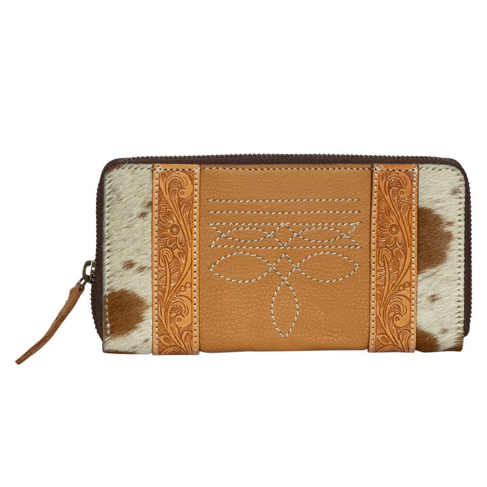 Cowhide & Tooling Leather Boot Stitch Zip Wallet