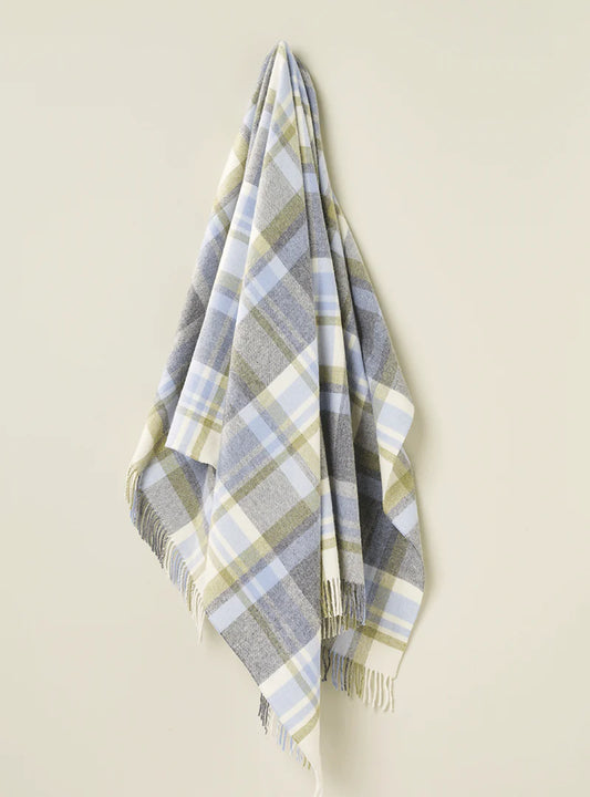 New Zealand Merino Wool Blanket in Duck Egg Blue Tartan, hanging on a cream wall.  
