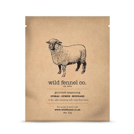 Packaging with sheep illustration and text saying "Wild Fennel Co" "Gourmet Seasoning" :Sumac - Cumin - Mustard" 