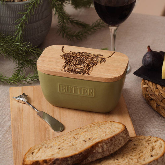 Highland Cow Green Butter Dish & Knife Set