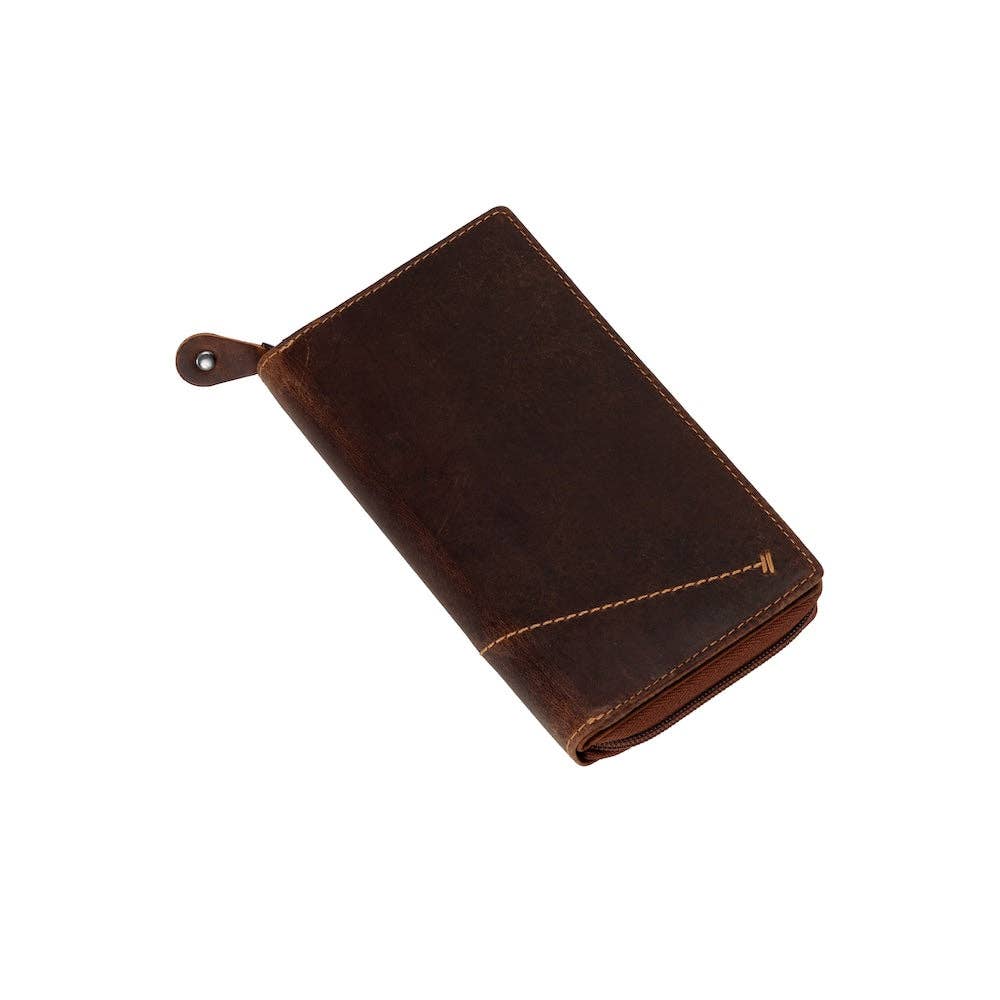 Wildera Leather “Aurora” Ladies’ Long Leather Wallet – Zip-Around RFID Wallet in Sandel
