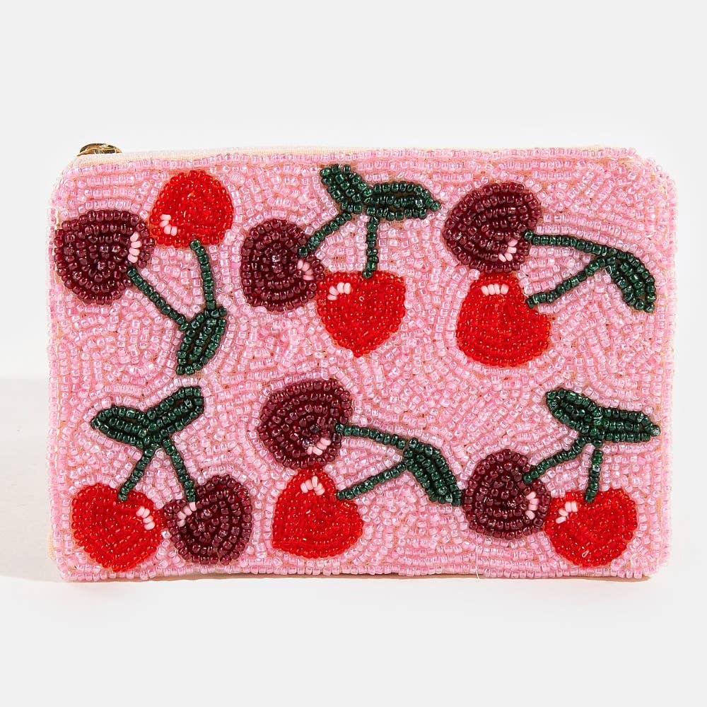 Two Tone Cherries Seed Beaded Coin Purse
