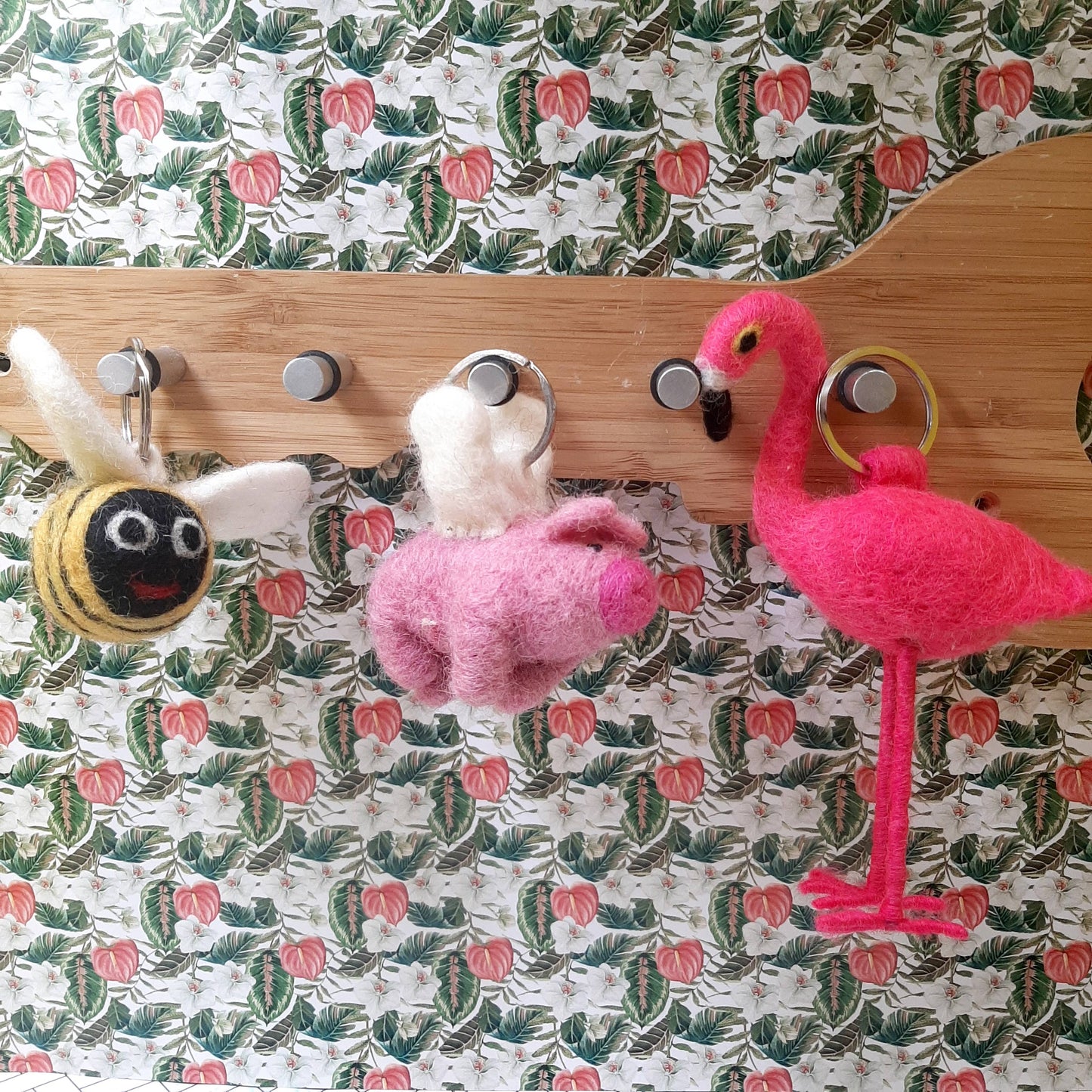Handmade Fair trade Needle Felt Flying Pig Keyring