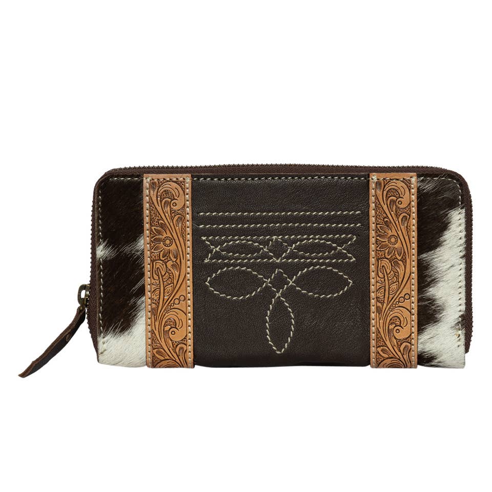 Cowhide & Tooling Leather Boot Stitch Zip Wallet